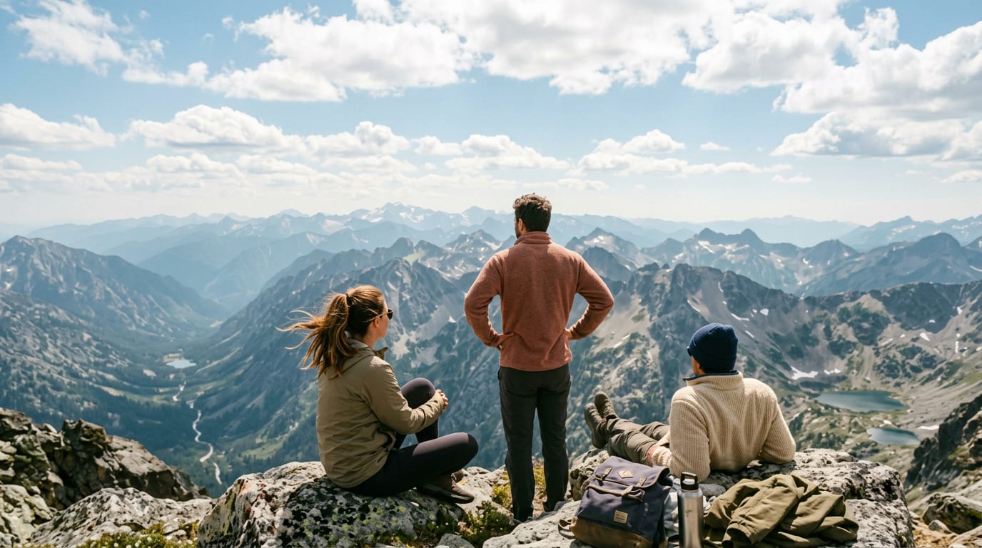 Three friends on a rocky alpine mountain summit looking out at endless sunlit peaks