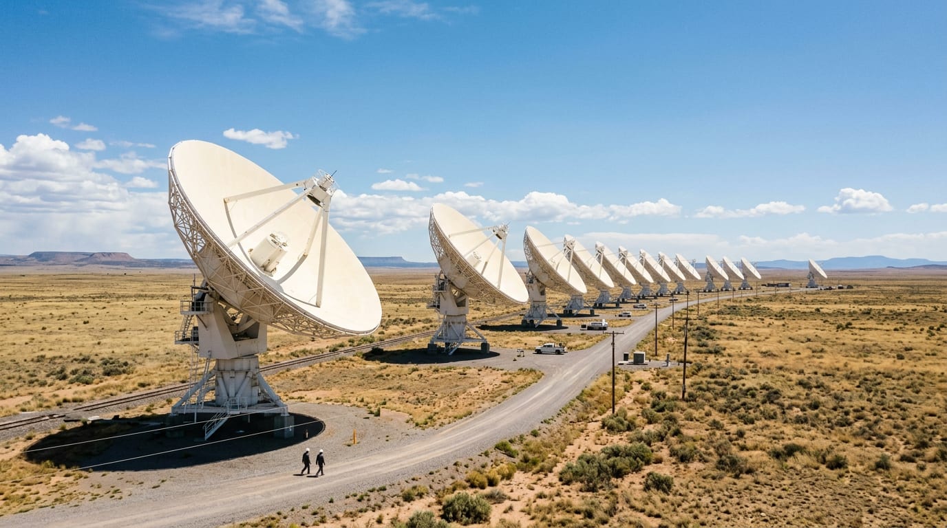 A vast array of white radio-telescope dishes aligned across a sunlit high-desert plain