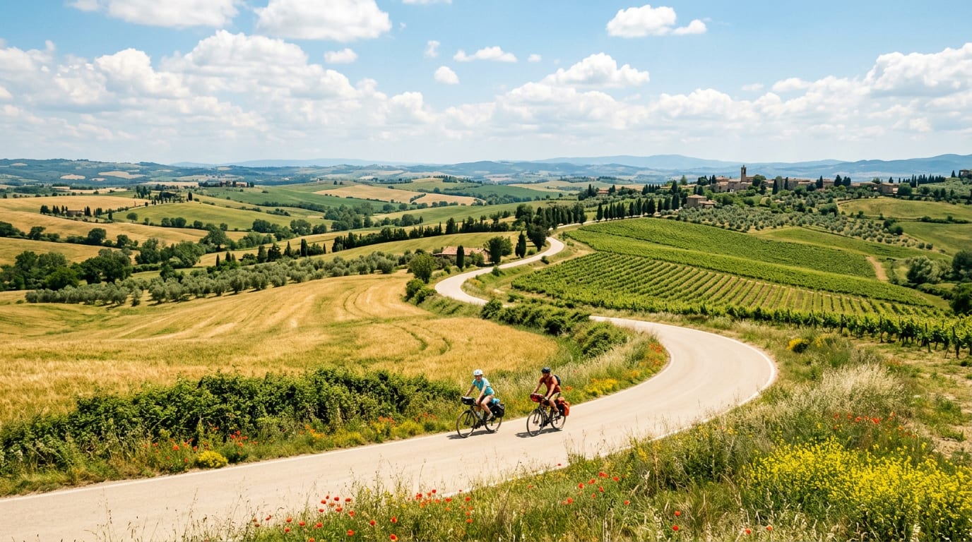 Two cyclists riding together along a curving country road through rolling Tuscan vineyards and wheat fields